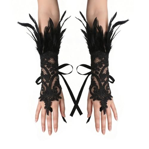 Guantes de encaje sin dedos con plumas elegantes y textura de poliéster premium
