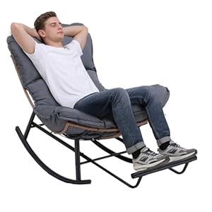 COMHOMA Schaukelstuhl, Schaukelsessel, Relaxsessel, Stahlgestell, ausziehbare Fußstütze, abnehmbares Kissen, bis 136 kg belastbar, Schlaf-, Wohnzimmer, Terrasse, Garten, Grau