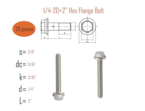 Image of LBY 20pcs Hex Flange Bolt, 1 /4-20 x 2'' (Fully Threaded) Flanged Hex Head Bolts, Flange Hexagon Screws, 304 Stainless Steel (Silver)
