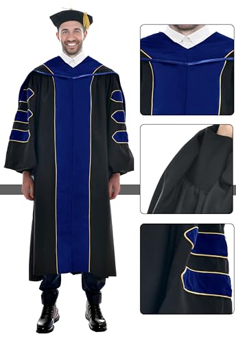 Image of Deluxe Graduation Doctoral Gown Doctoral Hood and Tam 8 Sided Package with Gold Piping Doctoral Regalia