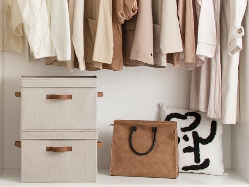 Image of StorageWorks Fabric Storage Bins with Lid, Decorative Storage Boxes for Shelves, Stackable Closet Organizer Basket with Handles, Large, Brown and Beige, 2-Pack