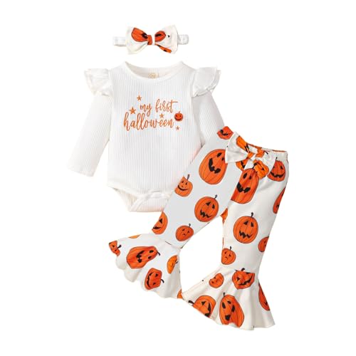 My First Halloween Outfit Newborn Baby Girl Outfits Pumpkin Long Sleeve Ribbed Romper Flare Pant Headband 3Pcs