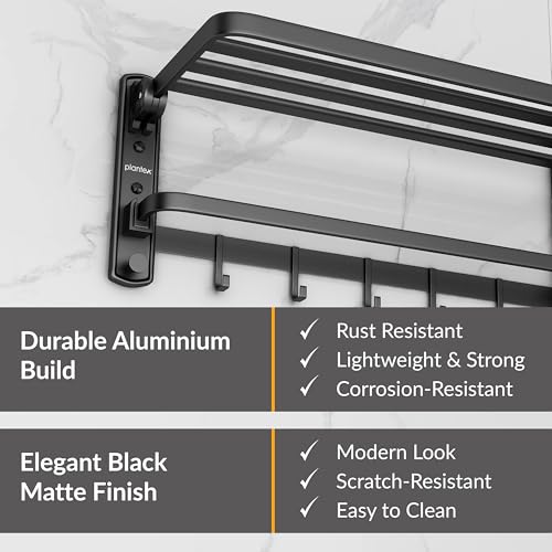 Image of Plantex Self Adhesive 180 Folding Aluminium Towel Holder /24 Inch Towel Hanger for Bathroom /Adjustable Lock Design Towel Holder Bathroom Accessories - Pack of 1 (Black, 6801)