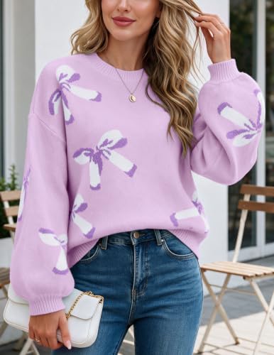 Image of Libsorge Womens Oversized Cute Bows Crewneck Pullover Sweater | Fall Winter Trendy Long Shoulder Balloon Sleeve Cozy Knit Baggy Printed Dressy Casual Valentines Day Vintage Sweaters
