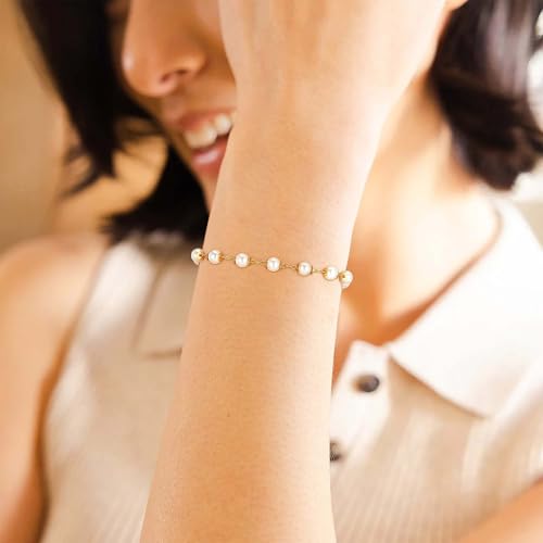 LOYATA Chain Bracelet Gold Link 14K Gold Plated Dainty Pearl Bracelet Simple Jewelry Gift for Women2