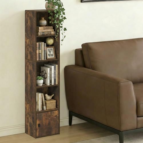 Image of Furinno LUDER Book Shelf, 5-Tier Bookshelf with Open Shelf, Standing Bookcase with 1 Door Cabinet, 9.3 x 12 x 52, for Organization and Storage, for Living Room, Bedroom, Home Office, Amber Pine