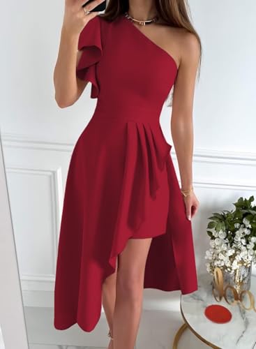 A-line Ruffles Satin Wedding Guest Dress for Women, Midi One Shoulder Neck Formal Dress Cocktail Dress3