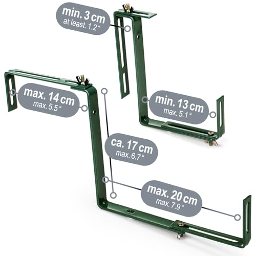 com-four® 4X Blumenkastenhalter für Balkon-Brüstungen und Geländer - Flexible Befestigung aus Metall für Pflanzkästen - 2-Fach verstellbar - kein Bohren notwendig (4 Stück - grün)