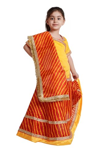 Image of Kaku Fancy Dresses Traditional Radha Costume for Girls - Red & Yellow Lehenga Choli with Dupatta | Indian Mythological Fancy Dress for Janmashtami - 14-17 Years