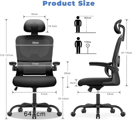 naspaluro Bürostuhl Ergonomischer, Schreibtischstuhl mit Hochklappbaren Armlehnen, Dynamischer Lordosenstütze, Höhenverstellbarer Bürostuhl mit 120° Wippfunktion, Upgrade Schwarz