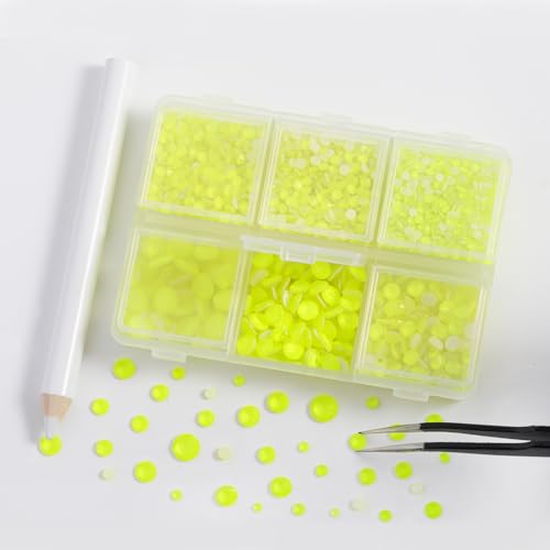 Image of BEADSLAND Hotfix Rhinestones, 4000 PCS Rhinestones for Clothes Crafts Mixed 6 Sizes with Wax Pencil and Tweezers Kit, SS6-SS30, Neon Yellow