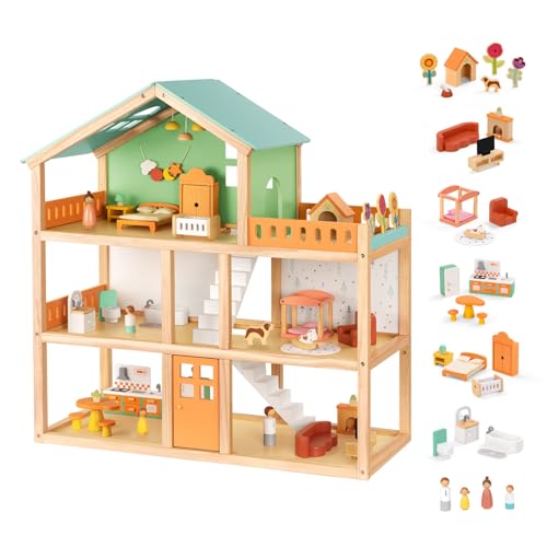 OOOK Casa de muñecas grande de madera con 42 accesorios de muebles de lujo, casa de muñecas de 3 pisos, 6 habitaciones, balcón, escaleras de madera, ideal casa de muñecas moderna para niños pequeños