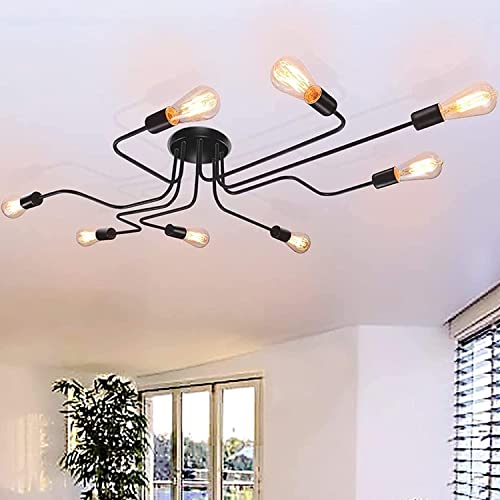 Lustres plafonnier métal noir vintage 8 branches luminaire salon moderne