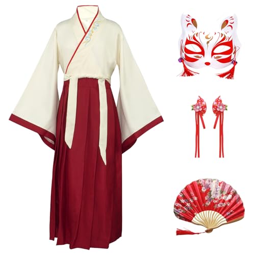 CRFASIBE Hanfu Robe Chinois Enfants, Deguisement Chinoise Fille Costume, Enfants Costumes Cosplay Vêtement avec Accessoires(Beige, 140cm)