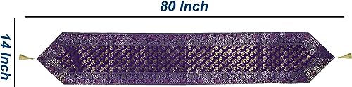 Image of Traditional Brocade Silk Table Runner for Living Room 4 to 6 Seater Dining Table Runner Elephant End Tassels 14x80 Inches (Purple)