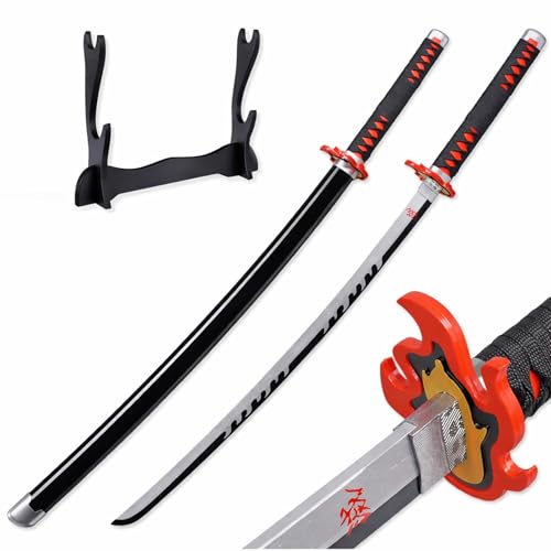 Image of EXCELCHOICE Demon Slayer Fire God Kamado Tanjiro Katana /Sword Toy 104cm Life Size - Bamboo Wood Tanjiro Kamadoo Anime Katana Rengoku X Tanjiro Silver Blade 2024 (Double Layer Stand Included)