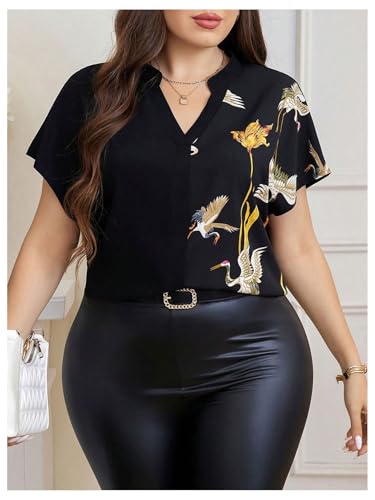 Women's Plus Size Graphic Office Blouses Short Sleeve Notch Neck Shirts Tops Elegant Dressy Casual Blouse3
