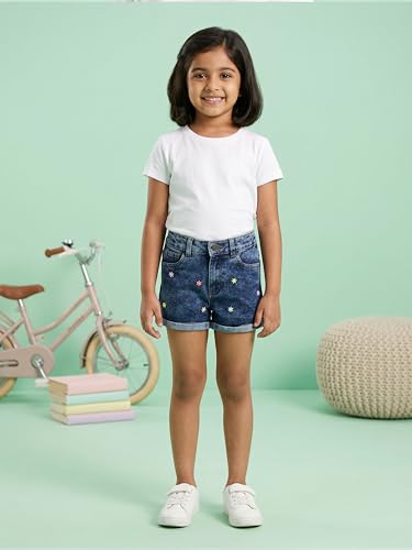 Image of KiddoPanti Girls Tight Length Rollup Denim Shorts with Lavender and Pink 3D Crochet Flowers