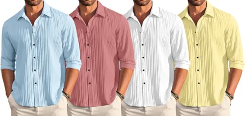 Image of FINIVO FASHION Combo of Men's Casual Cotton Plain Button Down Shirt Long Sleeve Textured Summer Beach Shirt for Men Pack of 4