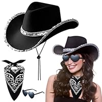 3Pcs Cowboy Hat Women, Black Cowboy Hats for Women, Cowgirl Accessories for Women with Paisley Bandanna and Glasses, Western Cowboy Fancy Dress Costume for Birthday Halloween, Bachelorette, Party