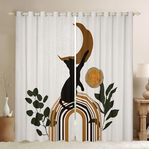 Cute Cat Window Curtain Abstract Moon Rainbow Leaves Curtains Vintage Boho Style Window Treatment Curtain for Kids Girls Boys Adult Room Decor Light Brown Beige Window Drapes,Top 2 Panel,52Wx84L
