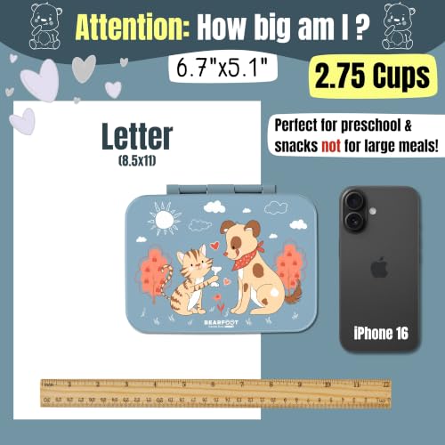 Image of BEARFOOT Kids Lunch Box with Compartments - Compact & Lightweight | Leak-Proof, BPA-Free, Dishwasher Safe | Hand-Drawn Design for Preschool, School, Travel (Dog & Cat Blue, 2.75 Cups)