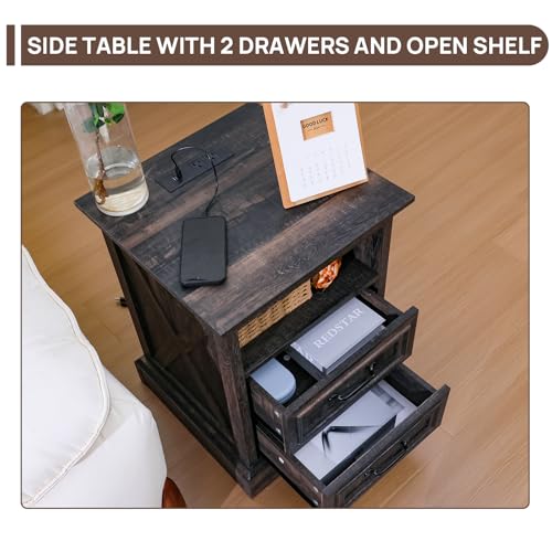 Image of ALBAD Farmhouse Nightstands with Charging Station,Walnut Brown Tabletop | End Tables with 2 Drawers, Cube Storage Organizer, USB Ports, Metal Handles, for Rustic Bedroom Bedside, Living Room, Dorm