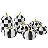 WDS WONDROUS 7PCS Decorative Pumpkins Black and White Halloween & Fall Decor Thanksgiving - Faux Checkered Pumpkins Table Centerpieces - Modern Resin Pumpkin Decorations for Farmhouse