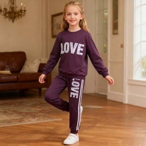 Image of Tween Girl's Letter Print Top + Jogger Pants 2 Piece Outfit Set Kids Clothing, Sizes 6-14 Years