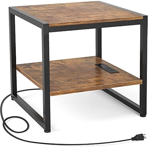 Homieasy End Table with Charging Station, Mini Fridge Stand, Rustic Brown