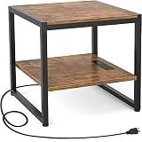 Homieasy End Table with Charging Station, Mini Fridge Stand, Rustic Brown