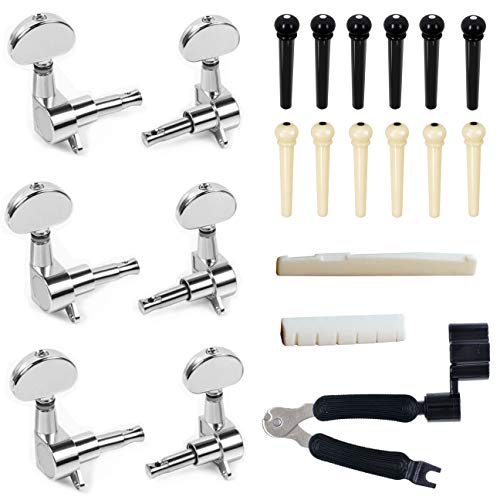 Ganasome 6 Pcs Guitar Machine Heads Knobs Guitar String Tuning Pegs Machine Head Tuners,Guitar String Puller Cutter Winder,Plastic Acoustic Guitar Bridge Pins String Peg