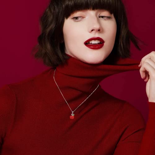 Cute Red Apple Pendant Necklace for Women Girls 925 Sterling Silver Charms Snow White Inspired 3D Candy Fruit Leaf Link Chain Adjustable Nickel Free Lovely Christmas Eve Teacher Graduation Jewelry Gift 18 inch4