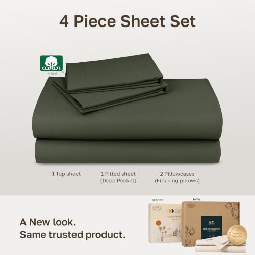 Image of Soft Natural 100% Cotton Sateen King Size Deep Pocket Sheets, Forest Green