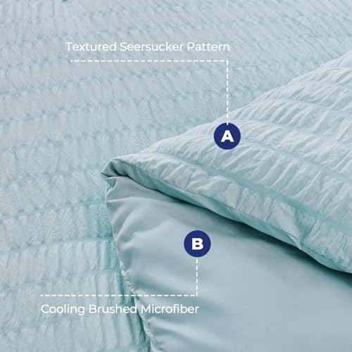 Image of HYMOKEGE Lake Blue Oversized Queen Comforter Set Seersucker 7 Pieces, All Season Luxury Bed in a Bag for Bedroom, Bedding Set with Comforter, Sheets, Pillowcases & Shams