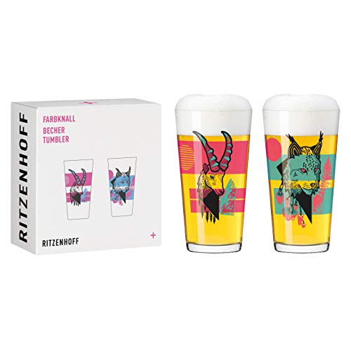 RITZENHOFF 3491003 Becher 400 ml - 2er Set - Serie Farbknall Set Nr. 3, 2 Stück mit Tierillustration - Made in Germany