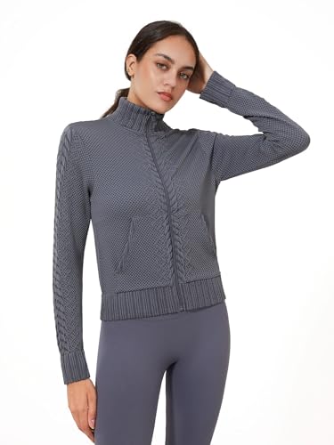 Image of Women's Cardigan Jackets Cropped Lightweight Fall Open Front, Long Sleeve Knit Zip Up Sportswear Slim Fit Workout Tops