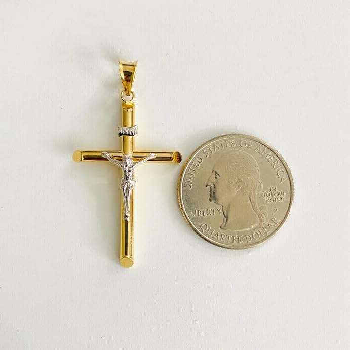 14k Two-Tone Gold Crucifix Cross Pendant for Men & Women – 43x20mm Religious Charm, Real Solid Gold, Lightweight 1.4g4