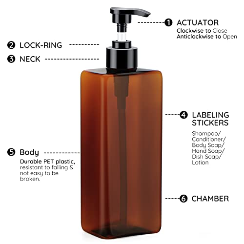 Image of Segbeauty 8 Packs Empty Bathroom Soap Dispenser, 16.9oz Refillable Plastic Pump Bottles with Labels, 500ml Shower Dispenser Shampoo Conditioner Bottles for Kitchen Amber