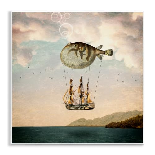 Stupell Industries Surreal Puffer Fish Hot Air Balloon Cloudy Lakeside, Design by Paula Belle Flores