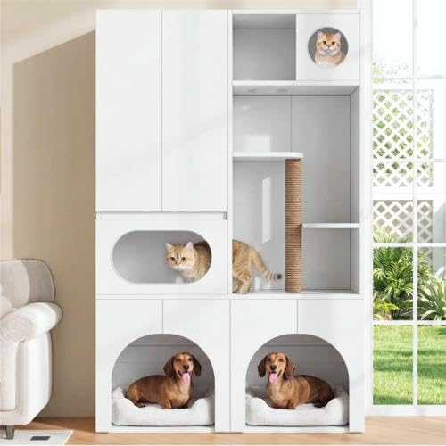 Armario de arena de 195 cm, 2 bandejas con rascador sisal, color blanco