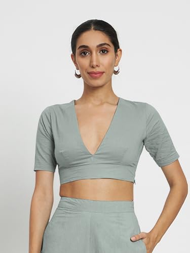 Image of Thevasa Women's Everyday Divine Depth V Neck Half Sleeves Blouse