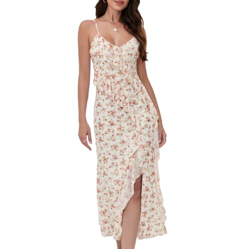 Image of Women's Spaghetti Strap Ruffle Side Split Long Dress Bodycon Beach Maxi Dresses