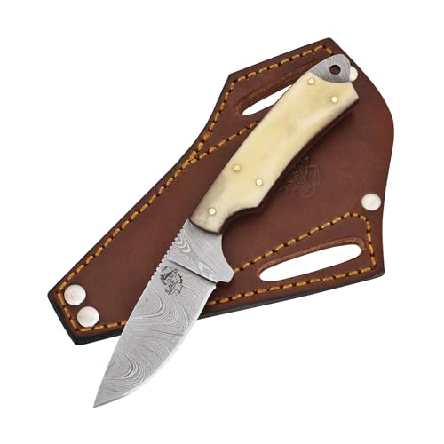 Knives Ranch EDC Hunting Knife - Carbon Steel Damascus - Bone Handle - Pancake Sheath (2001-B)
