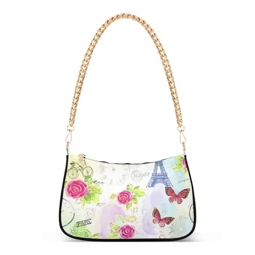 Vintage Eiffel Tower Rose Floral Shoulder Bag for Women Hobo Clutch Purse Chain Strap Zipper Wallet Purse