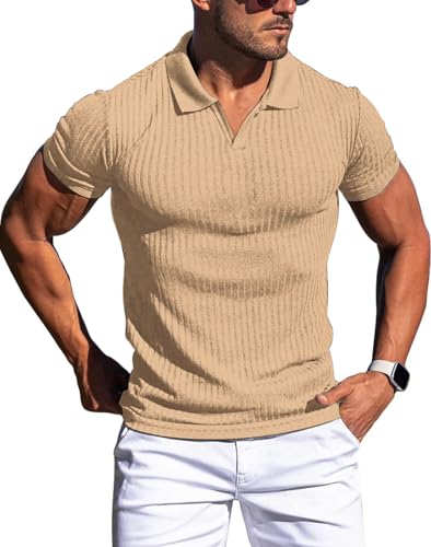 Collared Muscle Shirts for Men Ribbed Knit Slim Fit Polo Shirts Short Sleeve, Mens V Neck T Shirts Casual Stylish
