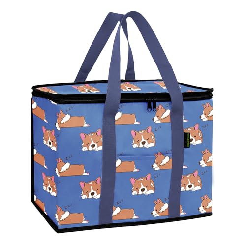 BeeGreen Insulated Cooler Bag Soft Tote for Grocery Shopping Beach Travel Lunch Foldable Leakproof Delivery Totes Large Ice Coolers with Handle Hard Freezer Bags with Zippered Top Sleeping Dog