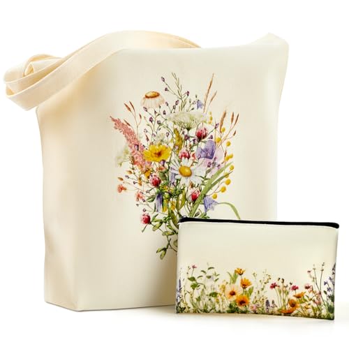 Hestya Jutebeutel Bedruckt Blumen Stofftasche Damen Stoffbeutel Lange Henkel Große Einkaufsbeutel Kosmetiktasche Tote Bag Geschenk für Erntedankfest Halloween Weihnachten(Wildblumen)
