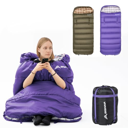 BISINNA Sac de Couchage 3 Saisons XXL en Flanelle avec Oreiller pour Adultes Chaud et imperméable pour la randonnée, Le Camping intérieur et extérieur,...