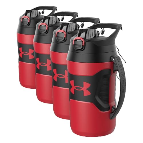 Image of Under Armour Insulated Water Bottle with Handle & Fence Hook, Half Gallon Sports Water Jug, Leak-Resistant & BPA-Free for Baseball, Football & Gym - Red /Black, 64oz (Pack of 4)